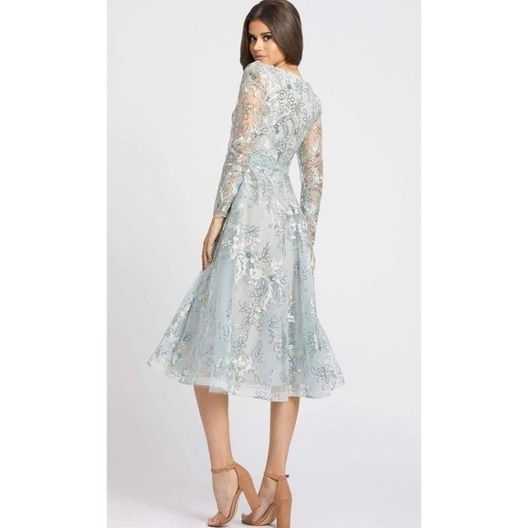 Mac Duggal Sequin Embellished Floral Lace V-Neck Long Sheer Sleeve Dress NEW - Picture 1 of 11